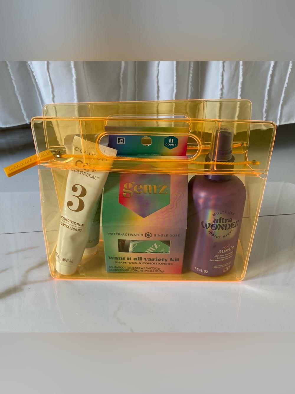Sol De Janeiro Transparent Yellow Cosmetic Zip Travel Pouch with Haircare Set